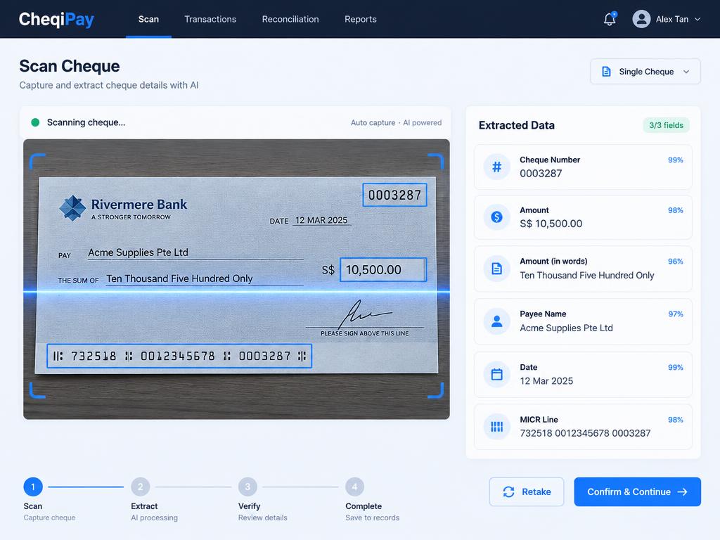 Cheque scanning and OCR extraction interface